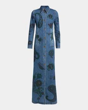 ETRO | Flower and Bee Printed Denim Maxi Trench Coat