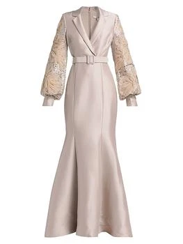Beaded Tulle-Sleeve Blazer Mermaid Gown