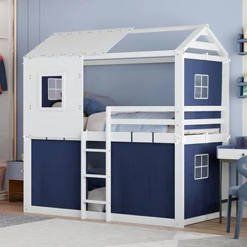 Streamdale Furniture Streamdale Twin Size Bunk Wood House Bed with Tent, Blue+White