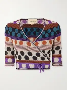 Valentino | Cropped Ribbed Metallic Jacquard-knit Wrap Cardigan - Beige