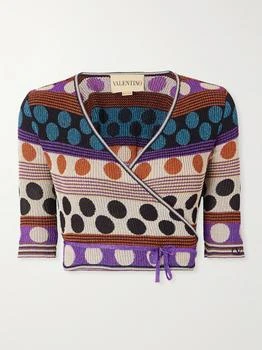 Valentino | Cropped Ribbed Metallic Jacquard-knit Wrap Cardigan - Beige