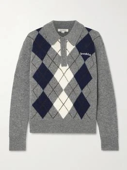 Sporty & Rich Embroidered Argyle Cashmere And Wool-blend Polo Sweater