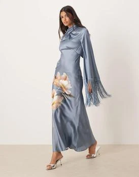 ASOS DESIGN draped neck satin bias maxi dress with fringe sleeve detail in overblown floral