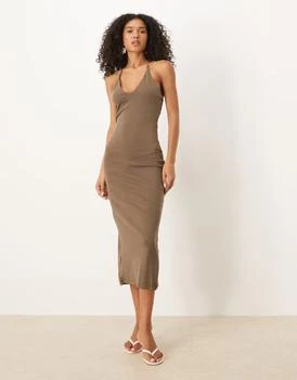 Mango fitted v-neck maxi dress with open back in khaki