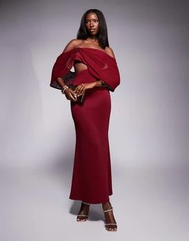ASOS DESIGN  bardot midi dress with sheer drape sleeve detail in burgundy in scuba-style fabric