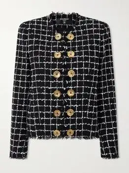Balmain | Frayed Checked Bouclé-tweed Jacket