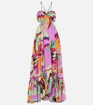 Gathered printed silk cutout maxi dress