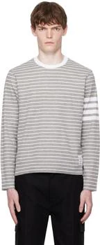 Thom Browne | Gray 
White Milano 4-Bar Long Sleeve T-shirt
