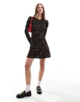 Miss Selfridge Ribbon detail tea dress in black floral print