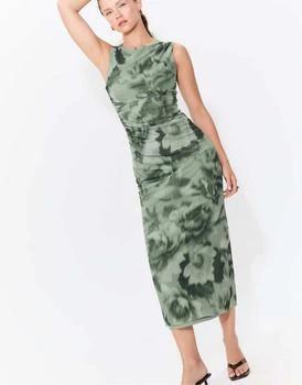 Stradivarius Printed tulle midi dress in khaki