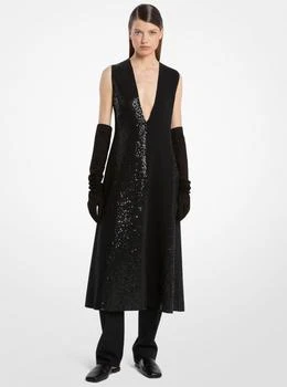 Michael Kors | Hand-Embellished Sequin Double Faced Stretch Wool Crepe V-Neck Dress