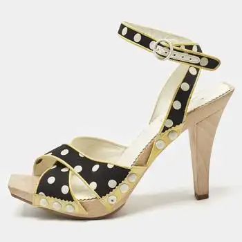 Yves Saint Laurent | Saint Laurent Cream/Black Polka Dot Printed Fabric And Leather Wooden Sandals Size 39