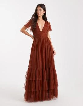 Lace & Beads Bridesmaid Madison flutter sleeve maxi dress in rust