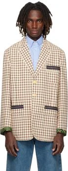Valentino | Beige Check Pattern Single-Breasted Cotton Blazer