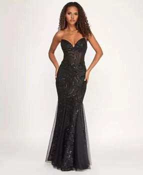Juniors Sweetheart Sequin Mesh Mermaid Gown with Illusion Bodice