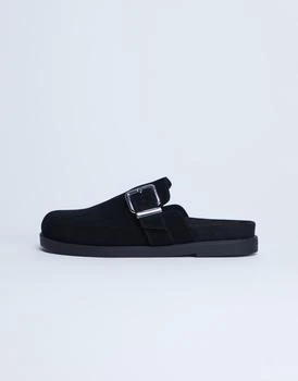 Topshop Amy slip on mule with buckle in black hair on real leather