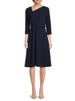 ​Asymmetric-Neck Belted Midi-Dress