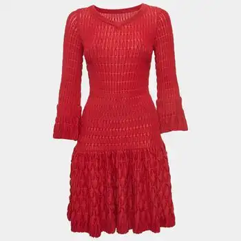Alaia | Alaia Red Chenille Wool Patterned Long Sleeve Skater Dress M