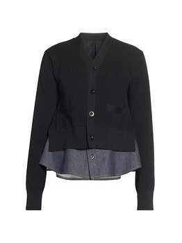 Sacai | Denim & Rib-Knit V-Neck Cardigan