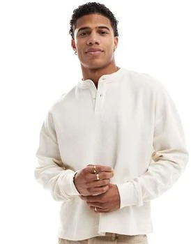 ASOS DESIGN oversized boxy long sleeve t-shirt with henley neck in cream waffle