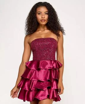 Juniors' Sequin Embellished Strapless Satin Tiered Dress