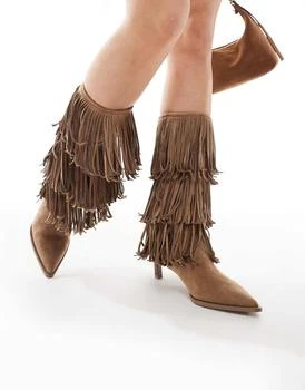 Bershka kitten heel boots with fringing in tan