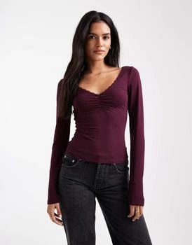 Miss Selfridge ruched front bow detail long sleeve top in plum