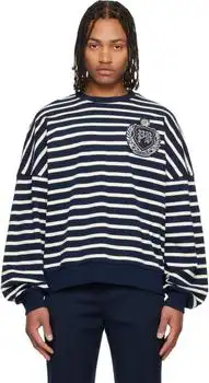 Balmain | Navy & White Cotton College Emblem Breton Stripes Sweatshirt