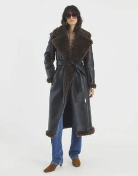 River Island Faux shearling lined belted trench coat in black