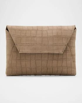 Brunello Cucinelli | Duo Mini Croc-Embossed Suede Pouchette Clutch Bag