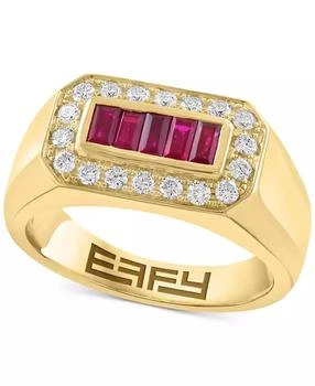 Effy | EFFY® Men's Ruby (5/8 ct. t.w.) Diamond (3/8 ct. t.w.) Baguette Halo Ring in 14k Gold
