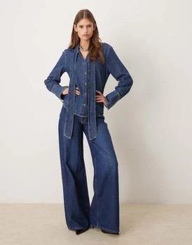 Msngo 100% cotton denim shirt with tie neck in blue