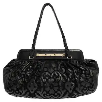 Valentino | Valentino Black Leather Floral Embroidered Frame Satchel