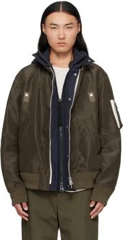 Sacai | Khaki & Navy Nylon Twill Grosgrain Bomber Jacket