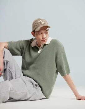 ASOS DESIGN relaxed knitted polo with 3/4 length sleeves in sage green