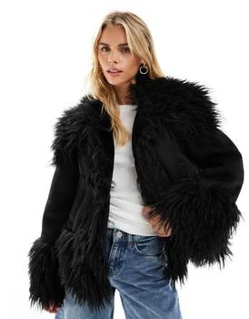ASOS DESIGN Petite penny lane faux fur trim coat in black