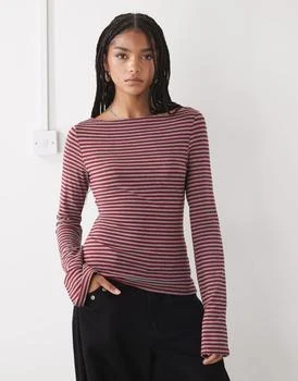 Weekday Annie boat neck long sleeve top in red and grey stripe exclusive to ASOS