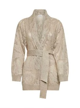 Brunello Cucinelli | BRUNELLO CUCINELLI | Beige embroidered knit belted cardigan | Women | S