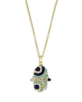 Bloomingdale's | Blue Sapphire, Turquoise & Diamond Hamsa Hand Pendant Necklace in 14K Yellow Gold, 16-18"