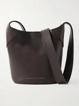 Brunello Cucinelli | Bead-embellished Leather Shoulder Bag - Dark brown