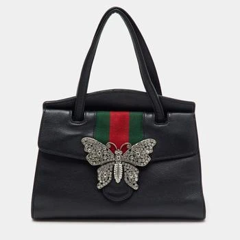 Gucci | Gucci Black Leather Medium Web Butterfly Embellished Medium Linea Totem Tote