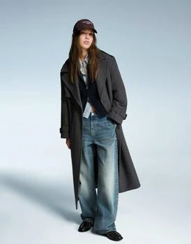 Bershka Oversize felt texture trench coat in grey