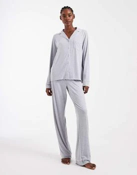 ASOS DESIGN Tall super soft long sleeve shirt & trouser pyjama set with contrast piping in grey