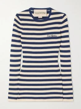 Valentino | Embroidered Striped Cotton Sweater - Navy