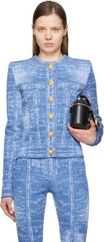 Balmain | Blue Jacquard Denim Effect Knit Cardigan