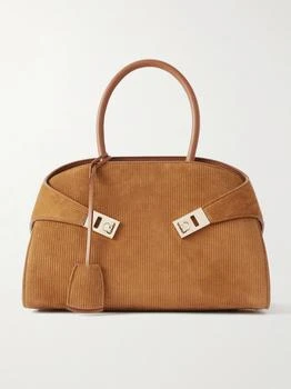 Salvatore Ferragamo | Hug Grainy Small Embellished Leather-trimmed Ribbed Suede Tote - Bronze
