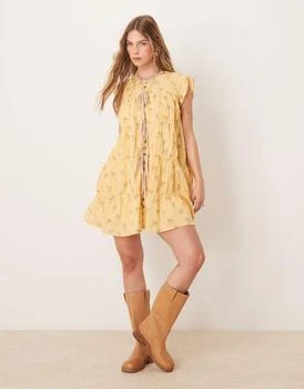 Free People sundown ditsy print smock mini dress in yellow