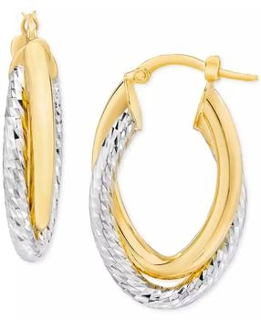 Macy's | Polished & Diamond Cut Double-Row Oval Bypass Hoop Earrings in 14k Yellow & White Gold