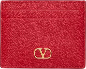 Valentino Red VLogo Signature Grainy Calfskin Card Holder