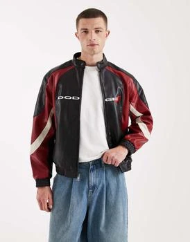 Hollister vegan leather dodge graphic bomber jacket in black